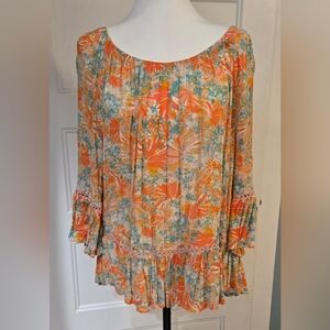 Democracy Orange and Blue Floral Blouse